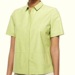 Lafayette 148 New York women leather short sleeve green shirt jacket size m